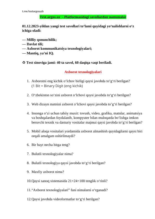 TEST.ARGOS.UZ - PLATFORMASIDAGI SAVOLLAR