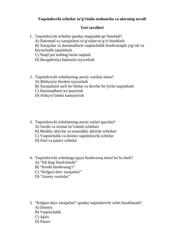 Taqsimlovchi schetlar to‘g‘risida tushuncha va ularning tavsifi test