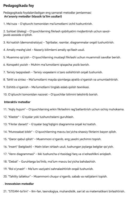 Pedagogik faoliyatni samaradorligini oshirish maqsadida eng ommabop va interaktiv metodlar jamlanmasi