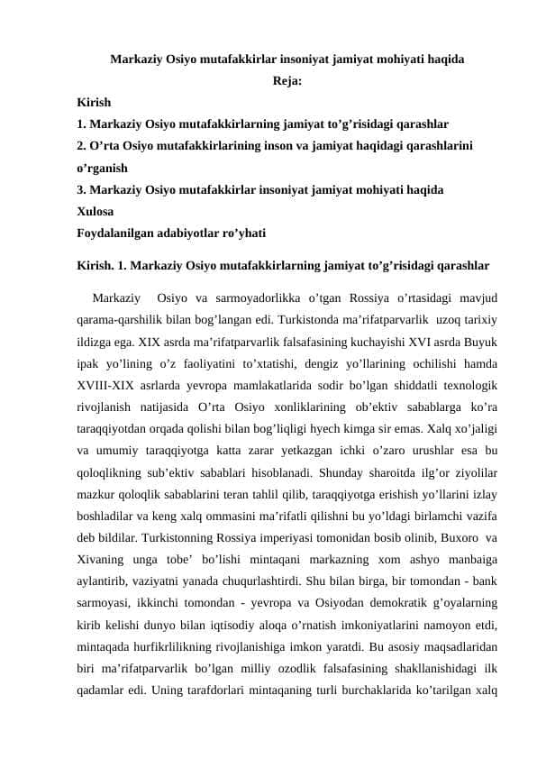 Markaziy Osiyo mutafakkirlar insoniyat jamiyat mohiyati haqida