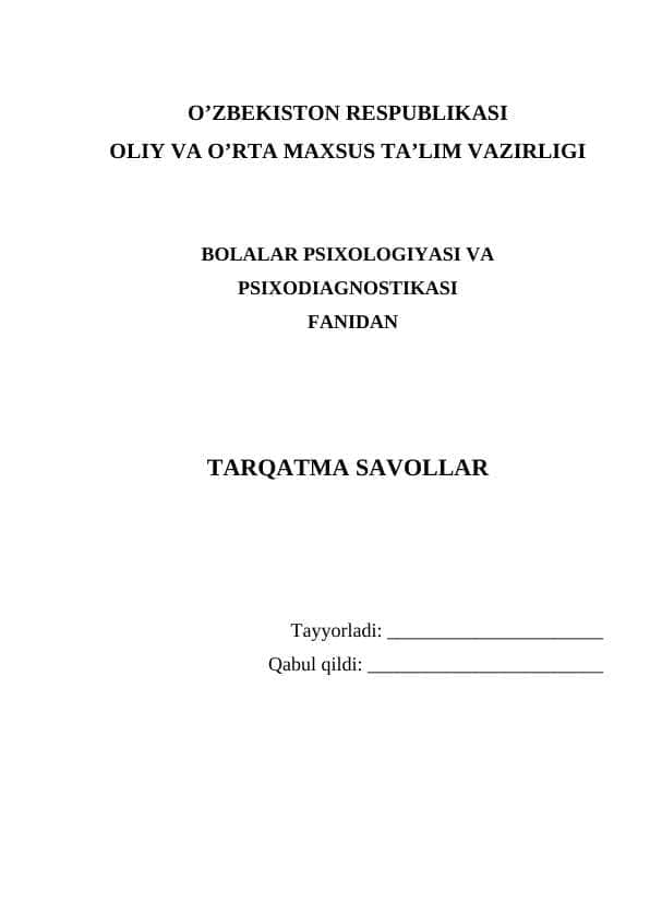 Bola rivojlanishida faoliyatning psixologik tuzilishi va operatsiyalarining rolli sensor-perseptru sohada
Torqatma savollar tuzish