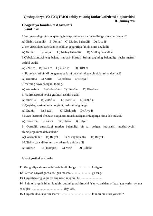 geografiya fanidan testlar to'plami