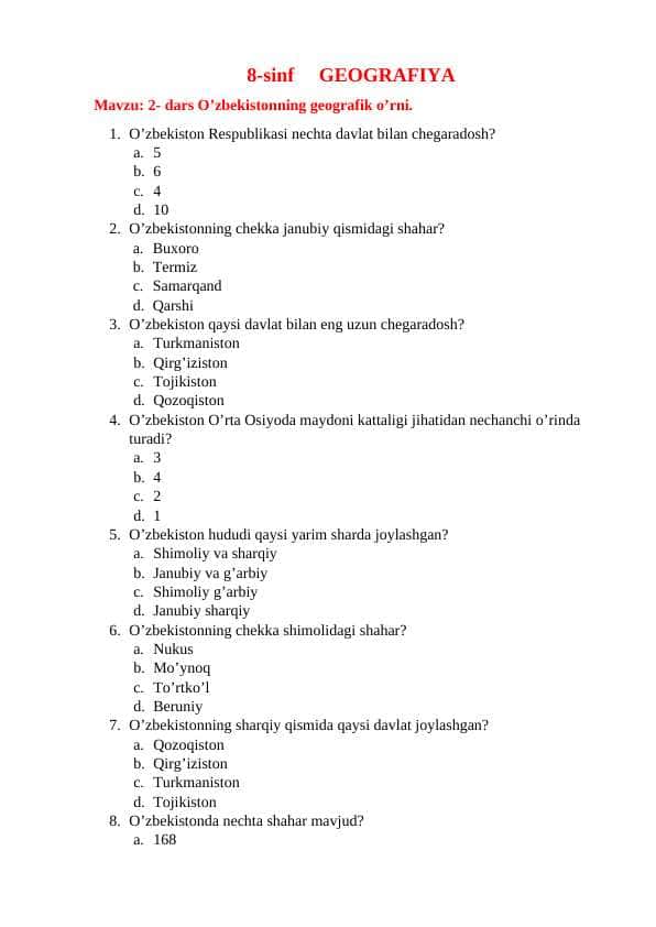 8 - sinf geografiya mavzulashitirlgan test