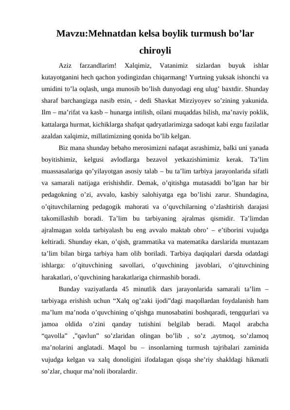 Mehnatdan kelsa boylik turmush bo’lar chiroylik m.docx