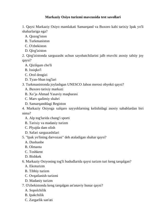 Markaziy Osiyo turizmi mavzusida test savollari