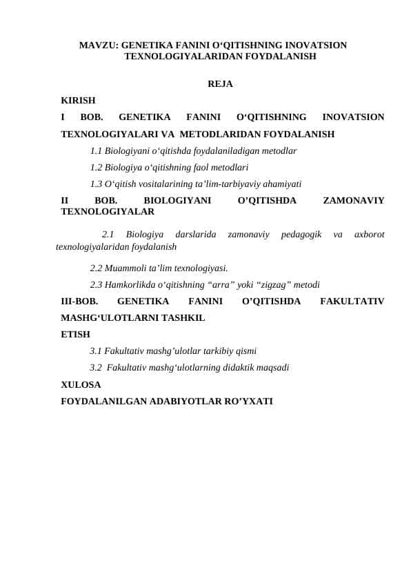 GENETIKA FANINI OʻQITISHNING INOVATSION TEXNOLOGIYALARIDAN FOYDALANISH
