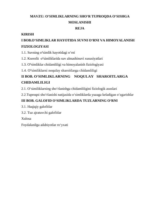O‘SIMLIKLARNING SHO‘R TUPROQDA O‘SISHGA MOSLANISHI