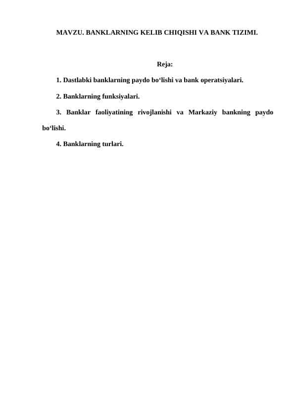 BANKLARNING KELIB CHIQISHI VA BANK TIZIMI