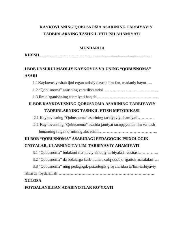 KAYKOVUSNING QOBUSNOMA ASARINING TARBIYAVIY TADBIRLARNING TASHKIL ETILISH AHAMIYATI