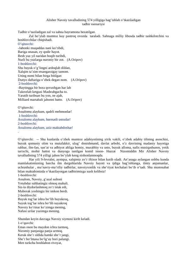 Alisher Navoiy tavalludining ___ yilligiga bag’ishlab o’tkaziladigan tadbir ssenariysi