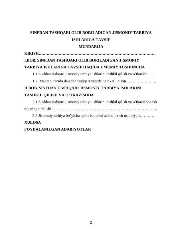 SINFDAN TASHQARI OLIB BORILADIGAN JISMONIY TARBIYA ISHLARIGA TAVSIF