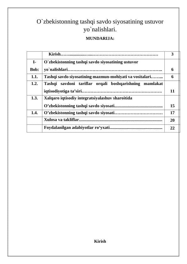 O`zbekistonning tashqi savdo siyosatining ustuvor yo`nalishlari.