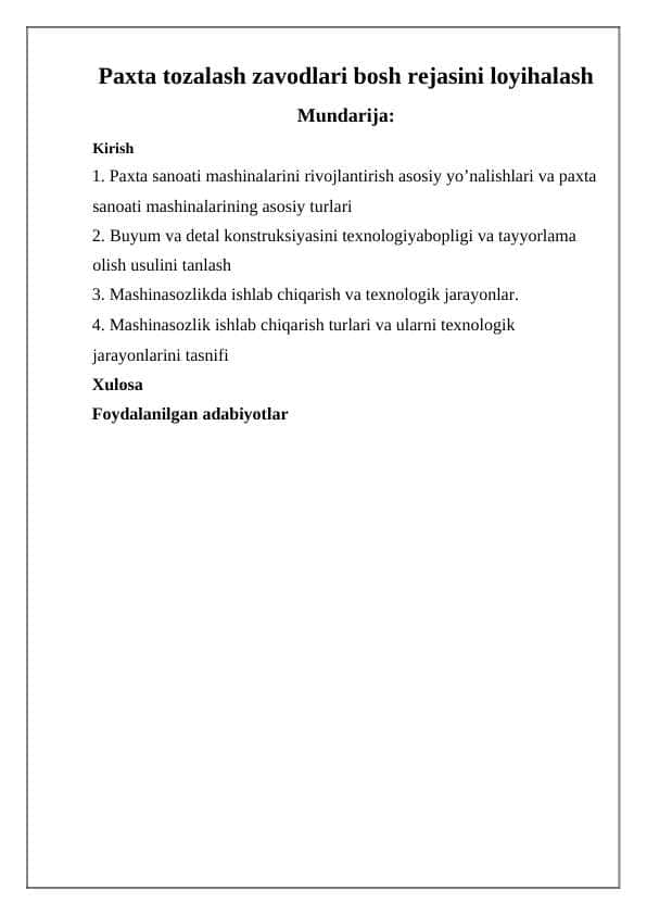 Paxta tolasini tozalash kurs ishi