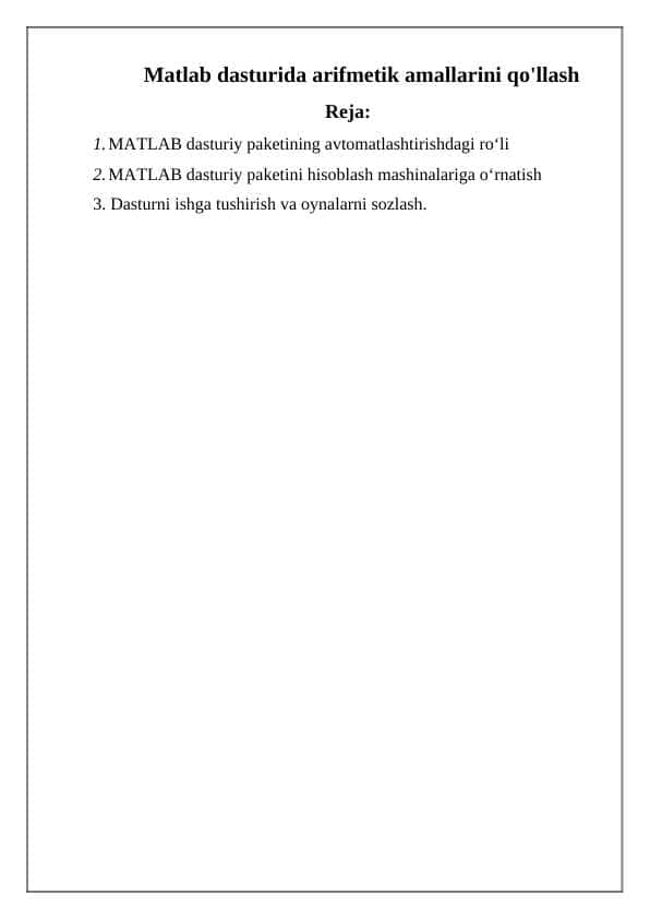 Matlab dasturida arifmetik amallarini qo'llash