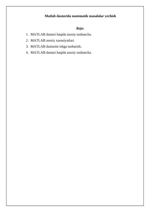 Matlab dasturida matematik masalalar yechish