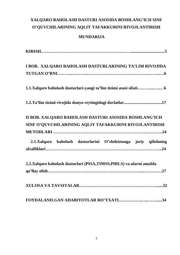 XALQARO BAHOLASH DASTURI ASOSIDA BOSHLANG’ICH SINF O’QUVCHILARINING AQLIY TAFAKKURINI RIVOJLANTIRISH