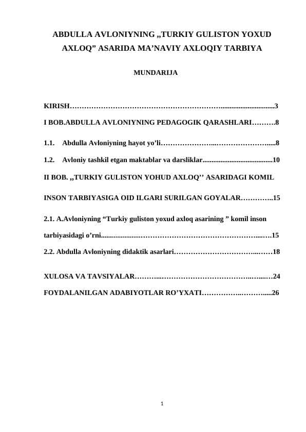 ABDULLA AVLONIYNING ,,TURKIY GULISTON YOXUD AXLOQ” ASARIDA MA’NAVIY AXLOQIY TARBIYA