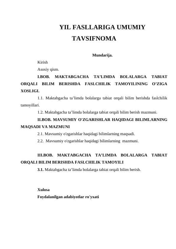YIL FASLLARIGA UMUMIY TAVSIFNOMA