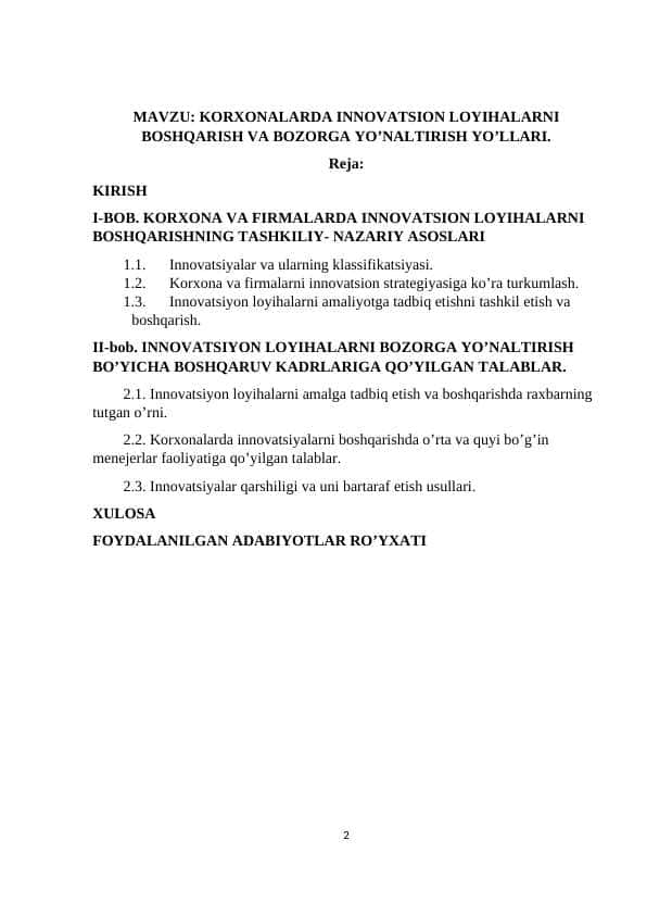 KORXONALARDA INNOVATSION LOYIHALARNI BOSHQARISH VA BOZORGA YO’NALTIRISH YO’LLARI