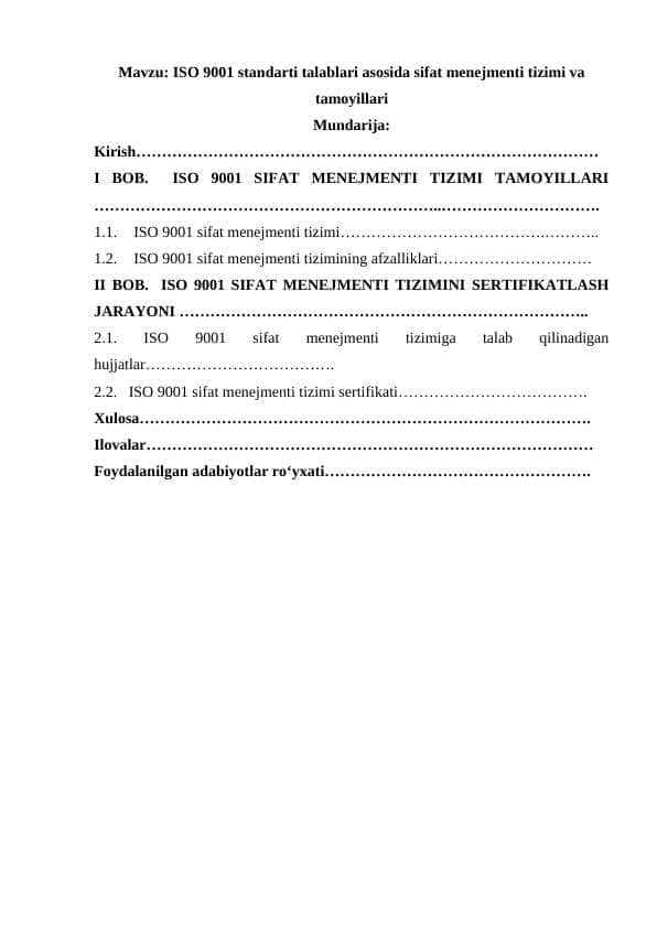 ISO 9001 standarti talablari asosida sifat menejmenti tizimi va tamoyillari