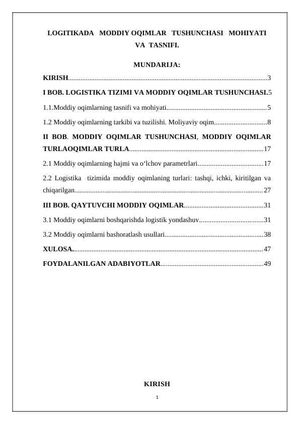 LOGITIKADA MODDIY OQIMLAR TUSHUNCHASI MOHIYATI VA TASNIFI.