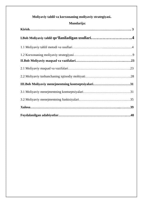 Moliyaviy tahlil va korxonaning moliyaviy strategiyasi