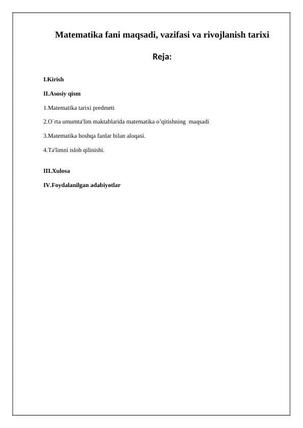 Matematika fani maqsadi, vazifasi va rivojlanish tarixi