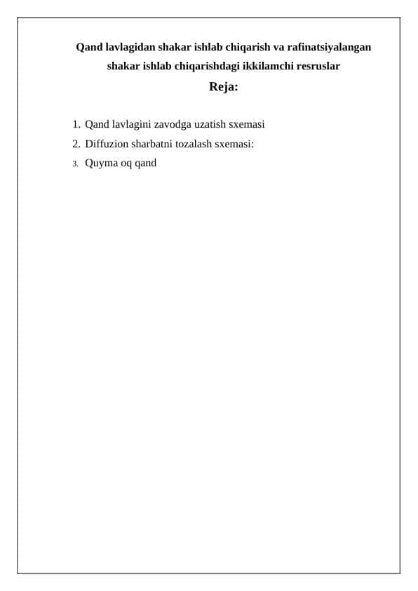 Qand lavlagidan shakar ishlab chiqarish va rafinatsiyalangan shakar ishlab chiqarishdagi ikkilamchi resruslar