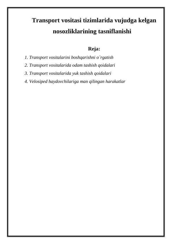 Transport vositasi tizimlarida vujudga kelgan nosozliklarining tasniflanishi