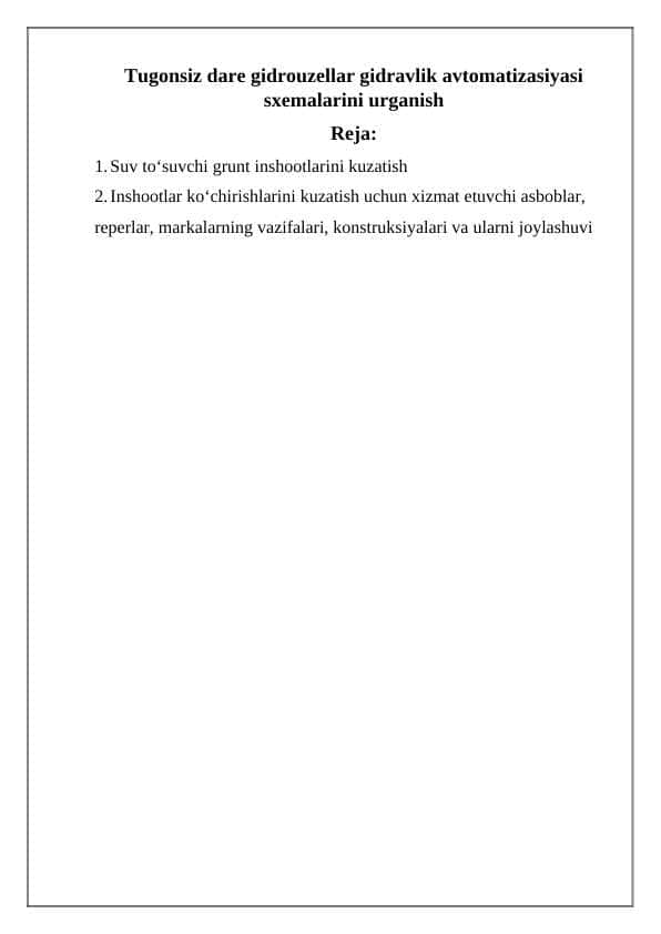 Tugonsiz dare gidrouzellar gidravlik avtomatizasiyasi sxemalarini urganish