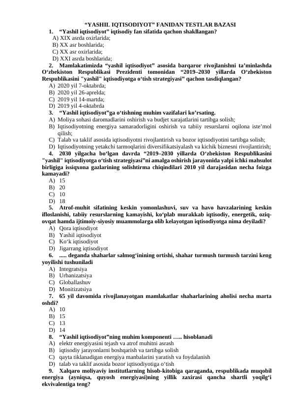 “YASHIL IQTISODIYOT” FANIDAN TESTLAR BAZASI