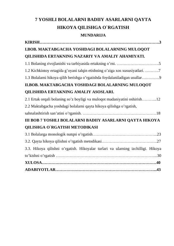 7 YOSHLI BOLALARNI BADIIY ASARLARNI QAYTA HIKOYA QILISHGA O`RGATISH