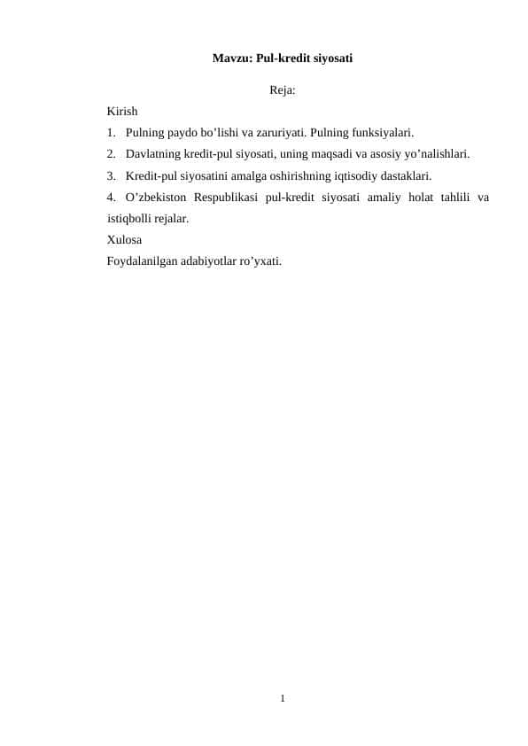 Pul-kredit siyosati (kurs ishi)
