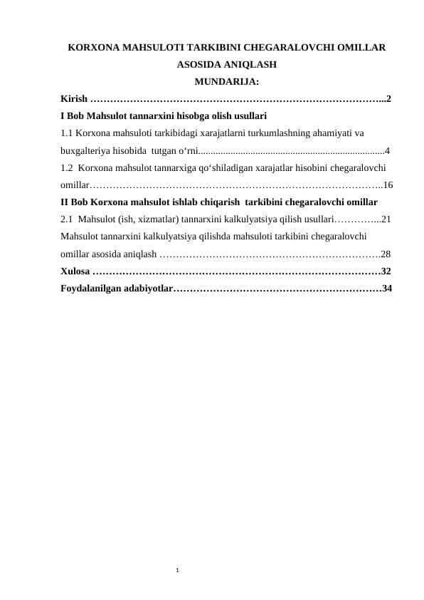 KORXONA MAHSULOTI TARKIBINI CHEGARALOVCHI OMILLAR ASOSIDA ANIQLASH