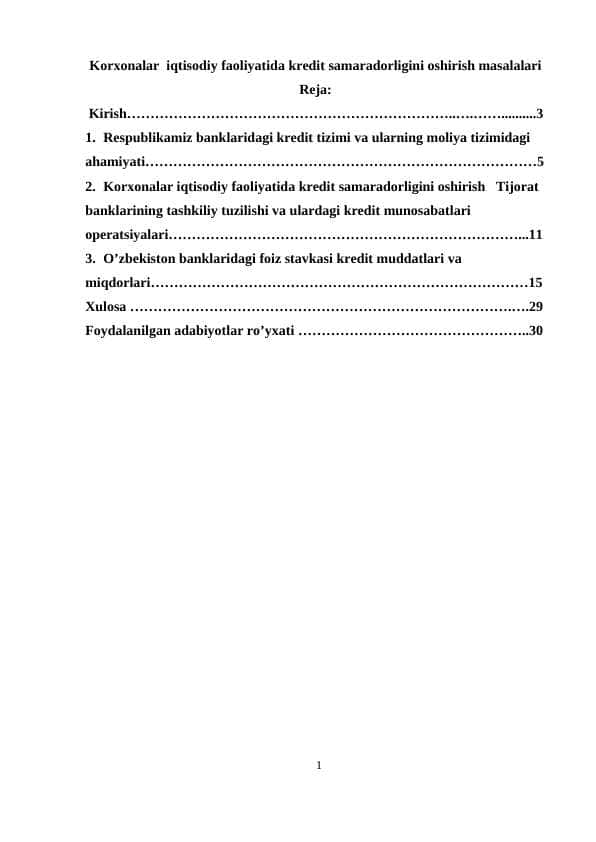 Korxonalar iqtisodiy faoliyatida kredit samaradorligini oshirish masalalari