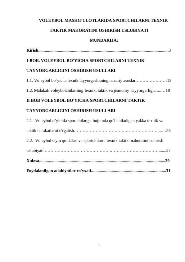 VOLEYBOL MASHG’ULOTLARIDA SPORTCHILARNI TEXNIK TAKTIK MAHORATINI OSHIRISH USLUBIYATI