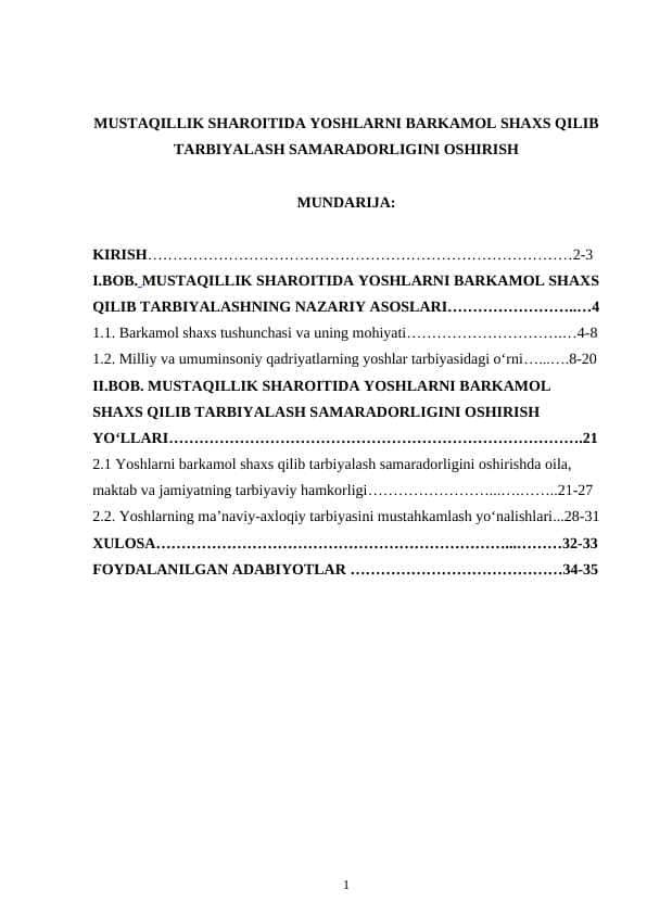 MUSTAQILLIK SHAROITIDA YOSHLARNI BARKAMOL SHAXS QILIB TARBIYALASH SAMARADORLIGINI OSHIRISH