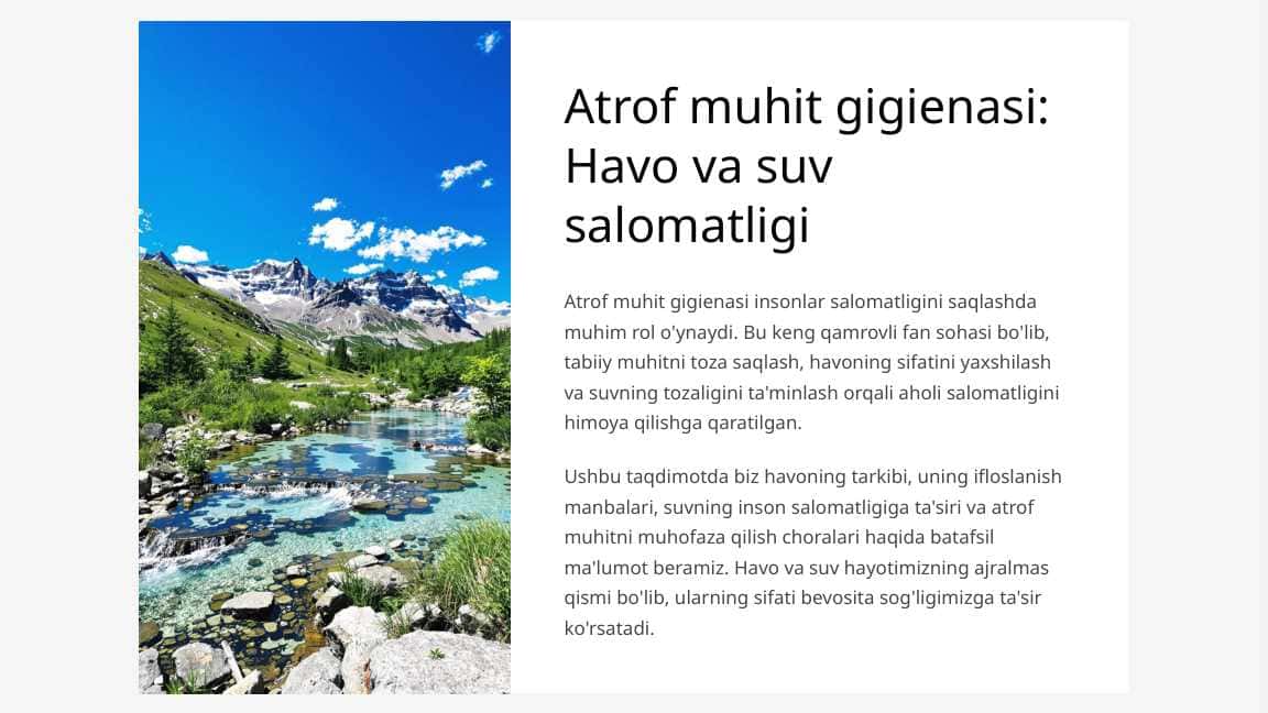 Atrof muhit gigienasi. Havo muhitiga gigienik ta’rif. Suv salomatlik omili