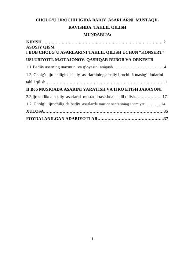 CHOLG’U IJROCHILIGIDA BADIY ASARLARNI MUSTAQIL RAVISHDA TAHLIL QILISH