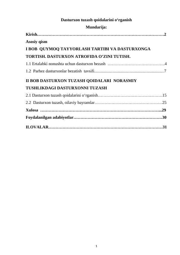 Dasturxon tuzash qoidalarini o‘rganish