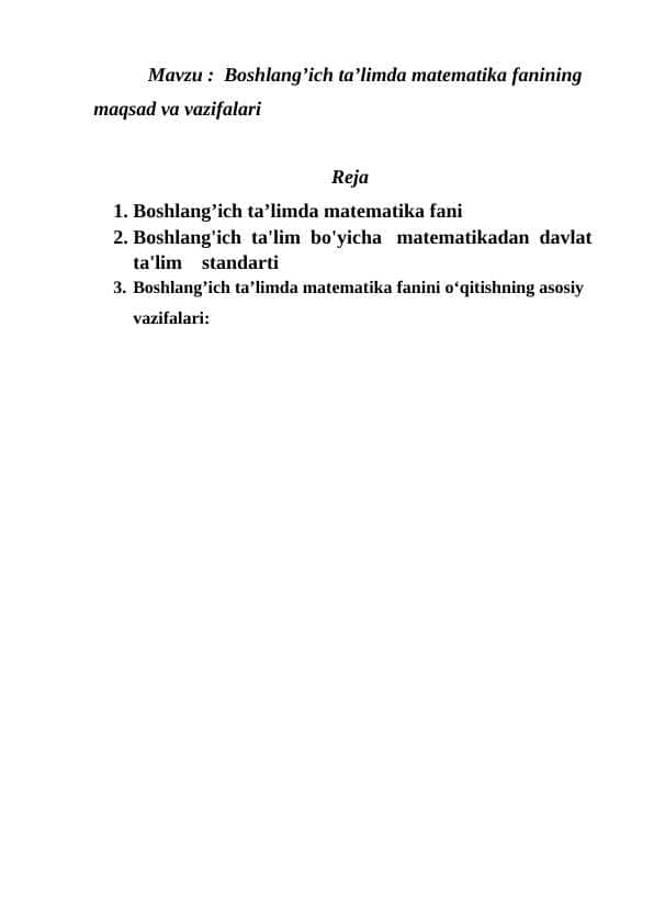 Boshlang’ich ta’limda matematika fanining maqsad va vazifalari