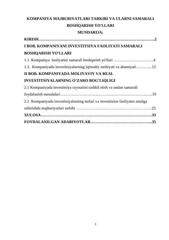 KOMPANIYA MAJBURIYATLARI TARKIBI VA ULARNI SAMARALI BOSHQARISH YO'LLARI