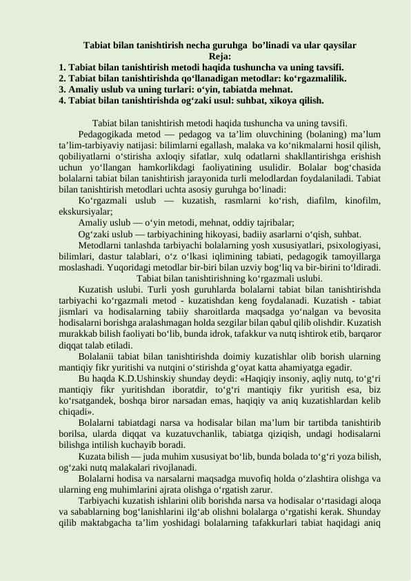 Tabiat bilan tanishtirish necha guruhga bo’linadi va ular qaysilar