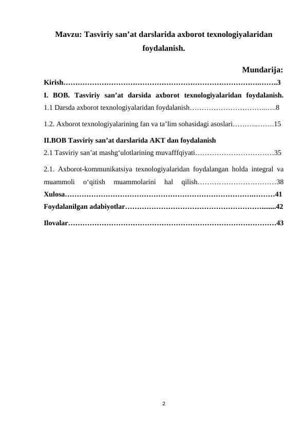 Tasviriy san’at darslarida axborot texnologiyalaridan foydalanish.