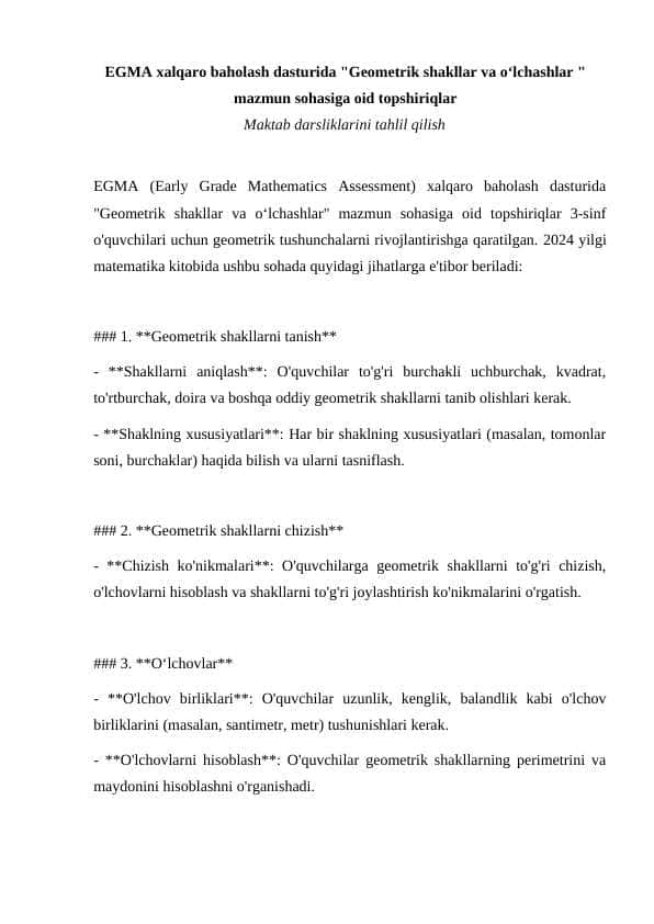 EGMA xalqaro baholash dasturida "Geometrik shakllar va o‘lchashlar " mazmun sohasiga oid topshiriqlar