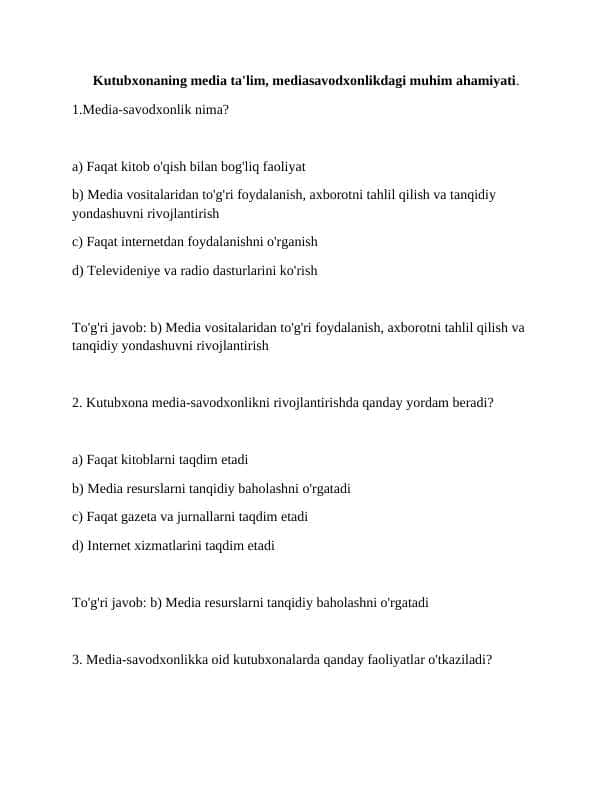 Kutubxonaning media ta'lim, mediasavodxonlikdagi muhim ahamiyati