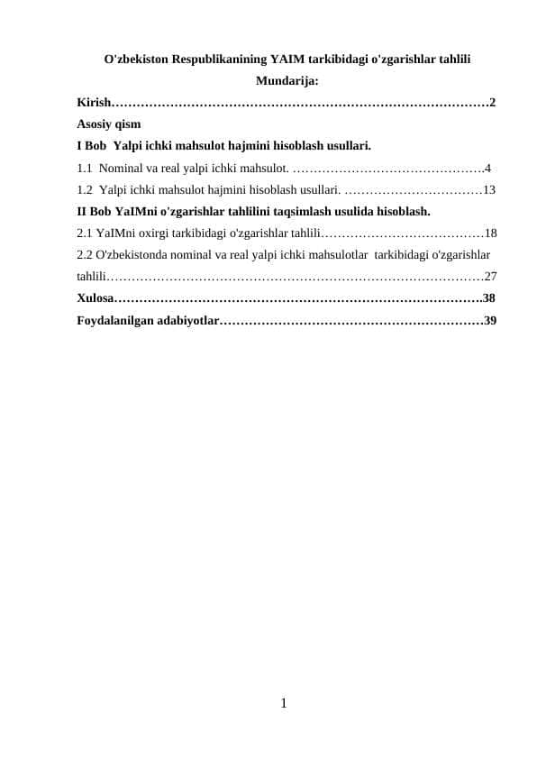 O'zbekiston Respublikanining YAIM tarkibidagi o'zgarishlar tahlili