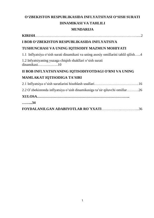 OʻZBEKISTON RESPUBLIKASIDA INFLYATSIYASI OʻSISH SURATI DINAMIKASI VA TAHLILI