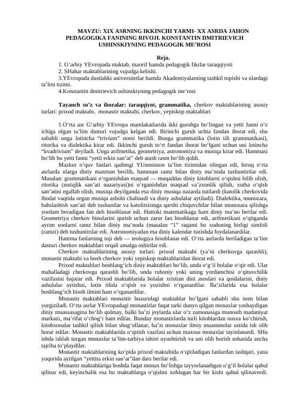 XIX ASRNING IKKINCHI YARMI- XX ASRDA JAHON PEDAGOGIKA FANINING RIVOJI. KONSTANTIN DMITRIEVICH USHINSKIYNING PEDAGOGIK ME’ROSI