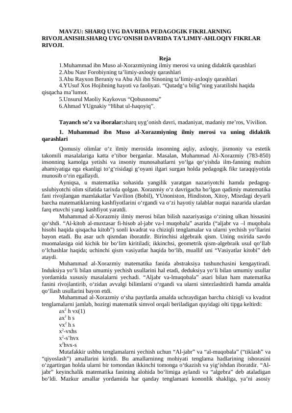 SHARQ UYG DAVRIDA PEDAGOGIK FIKRLARNING RIVOJLANISHI.SHARQ UYG’ONISH DAVRIDA TA’LIMIY-AHLOQIY FIKRLAR RIVOJI.